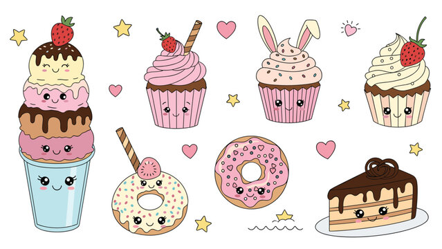 Assorted set of kawaii dessert stickers featuring ice cream sundaes cupcakes donuts and a chocolate cake slice with smiling faces.