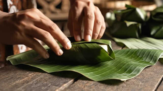 Close up of hands carefully wrapping a block of fresh raw tempeh in a green banana leaf on a rustic wooden table showcasing traditional Indonesian food preparation