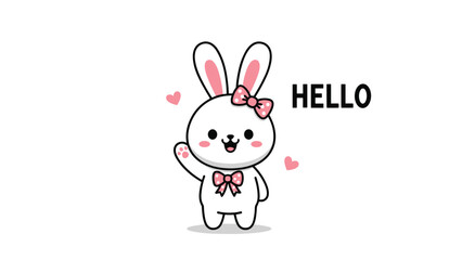 Fototapeta premium Adorable white cartoon bunny waving its paw with a pink polka dot bow on its head and heart shapes floating around it.