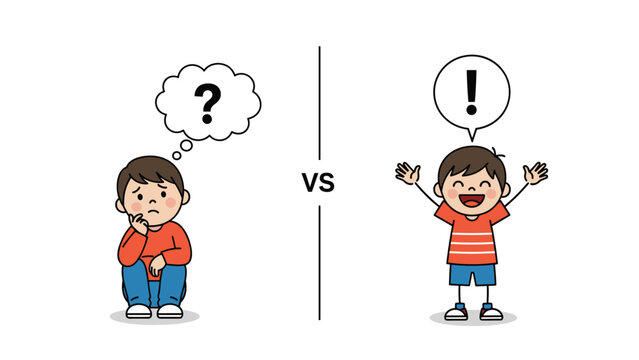 Comparison illustration between a sad boy with a question mark and a happy boy with an exclamation mark, representing different child moods.