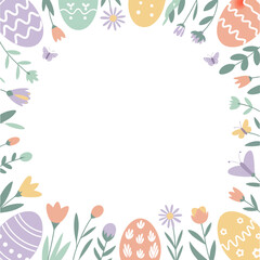 Fototapeta premium A colorful Easter-themed border with eggs and flowers on a white background