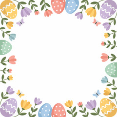 Obraz premium A colorful Easter-themed border with eggs and flowers on a white background