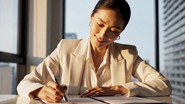 Businesswoman, signing documents and contract agreement during a workday for legal paperwork, corporate finance and business deals with Asian female executive finalizing terms in modern office