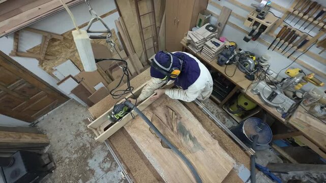 Aggressive Plunge Router Action on Raw Wood Slab by Faceless Maker in Hazard Hood Vertical Pedestal Shot Real Time Unfiltered Tool Demonstration
