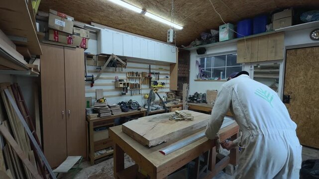 Carpenter Setting Up Leveling Guides on Timber Slab in Workshop Wide Shot