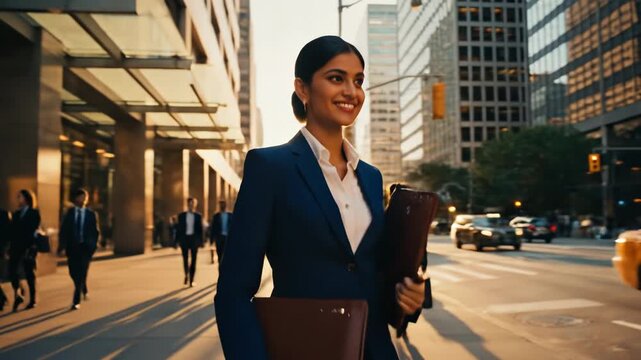 Businesswoman, success and career in a bustling city center for professional development, corporate advancement and ambitious goals with young woman confidently walking towards office building during