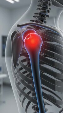 A medical illustration of a human skeleton with highlighted humerus bone in a hospital setting