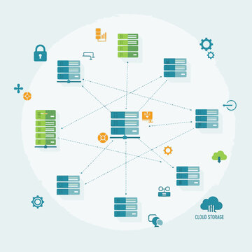 A detailed illustration of a distributed network of servers connected by lines, symbolizing data flow and cloud storage.