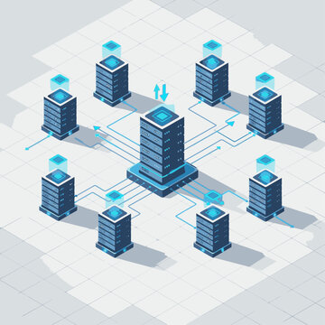Isometric illustration of a central server connected to multiple satellite servers in a network configuration.