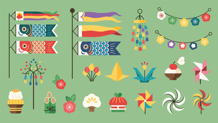 Fototapeta premium Large collection of colorful icons and symbols related to Japanese Childrens Day festival including koinobori carp streamers.