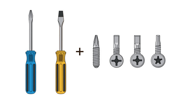 Two screwdrivers shown with multiple types of metal screw bits representing a versatile tool set for repairs and construction.