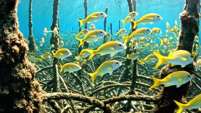 Large school of blackspot snappers swimming gracefully among the intricate submerged prop roots of a red mangrove forest in crystal clear blue ocean water illuminated by sun rays