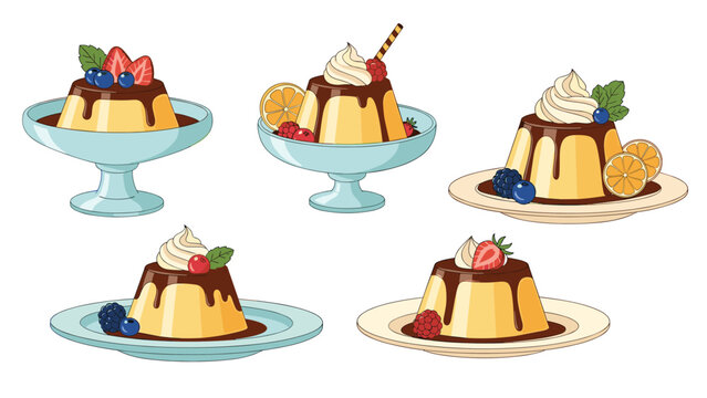 Collection of delicious caramel custard puddings topped with chocolate sauce and various fresh fruits on decorative plates.