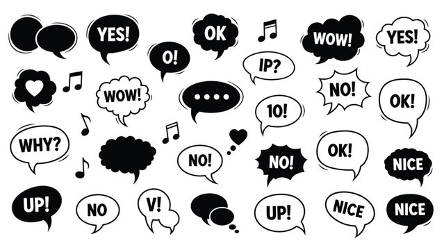 Large collection of black and white speech bubbles with various expressions and symbols for comic style communication designs.