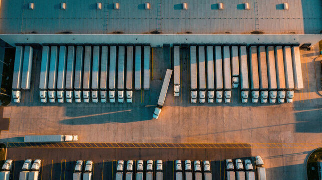 Direct top view of dozens of white semi trucks and trailers parked in neat rows at loading docks of a massive logistics warehouse center during dramatic sunset.