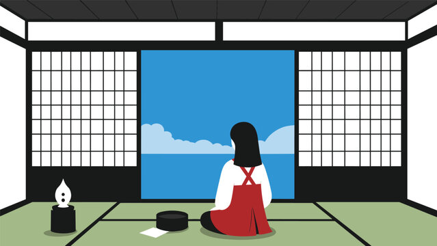 Woman in a red apron sitting in a traditional Japanese room and gazing out at the calm blue sea through a large open sliding door.