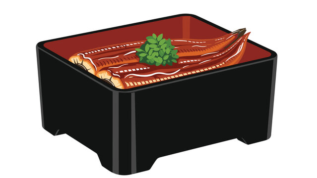 Traditional Japanese grilled eel or unagi served over rice in a black and red lacquer box garnished with a sprig of green herbs.