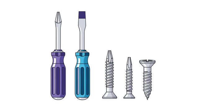 Set of two screwdrivers and three different screws including flathead and phillips head types for home repair and professional construction work.