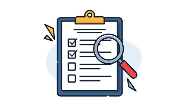 Checklist on a clipboard with checkmarks being inspected by a magnifying glass symbolizing thorough review, audit, and quality control processes.