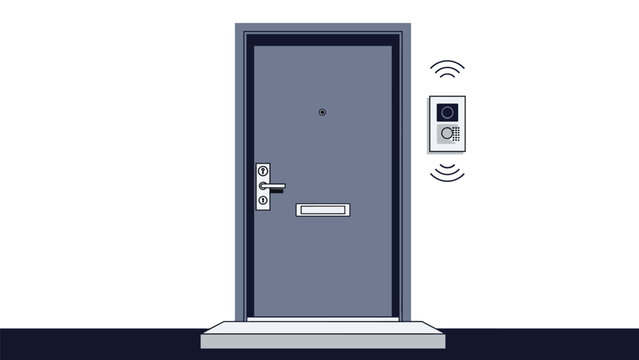Dark gray modern apartment front door with a silver handle and a high-tech intercom system for secure visitor communication and building entry.