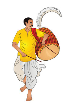 Bengali Dhaki Playing Dhak Drum During Durga Puja Festival, Bengal Cultural Drummer Vector Illustration