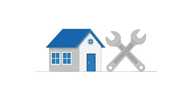 Small residential house icon with a blue roof shown next to crossed grey wrenches representing home repair and maintenance services.