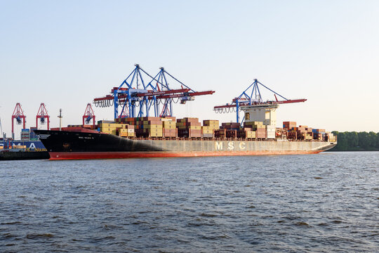 HAMBURG, GERMANY - 11. June 2025: MSC Vilda X container ship in the port of Hamburg. Handling of the cargo freight at the Terminal Burchardkai. Logistics and transportation industry.