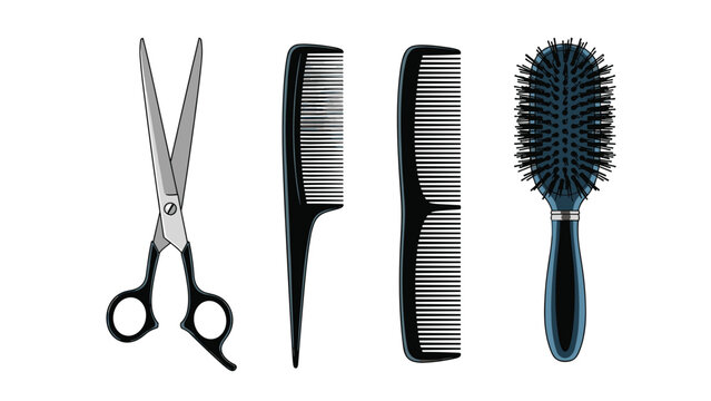 Set of professional hair cutting and styling tools including silver scissors two black combs and a round cushioned hairbrush.