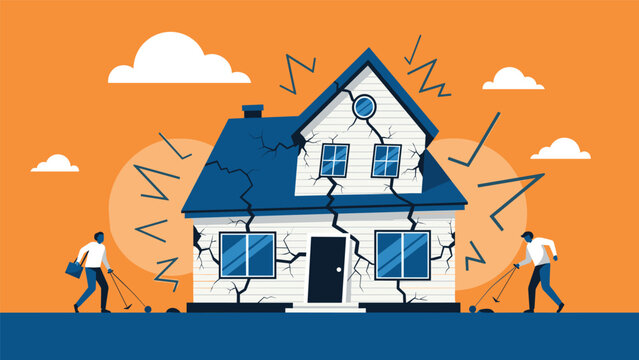 Structural damage assessment of a cracked house by two inspectors using specialized tools during a property insurance claim investigation.