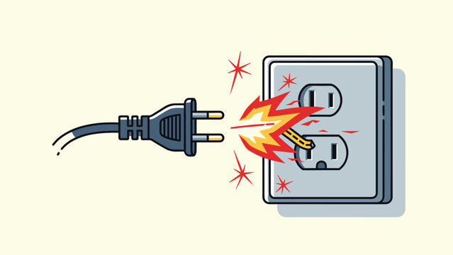 Dangerous electrical short circuit showing a black power plug sparking and burning as it nears a wall outlet in a warning safety illustration.