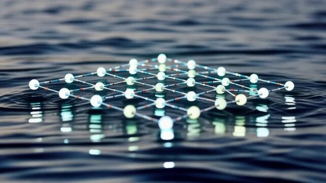 A futuristic network connection floating on rippling water with nodes and lines reflecting light