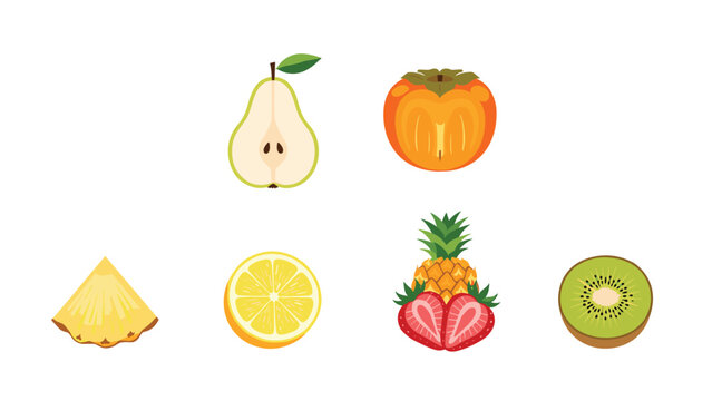 Set of various sliced fruit illustrations including pear persimmon pineapple lemon strawberry and kiwi shown in a colorful vector collection.