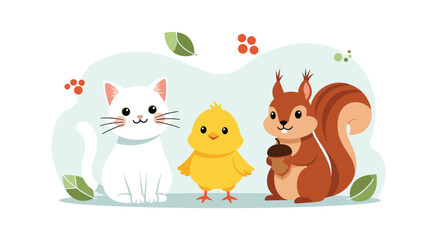 Naklejka premium Three best friends including a white cat, yellow chick, and brown squirrel with an acorn sit together on a soft green and blue background.