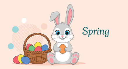 Fototapeta premium Adorable gray easter bunny sitting next to a wicker basket filled with colorful eggs and the word spring in the background.