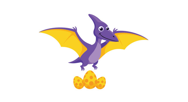 Cute purple pterodactyl dinosaur flying above three yellow spotted eggs in a cartoon style illustration on white background.