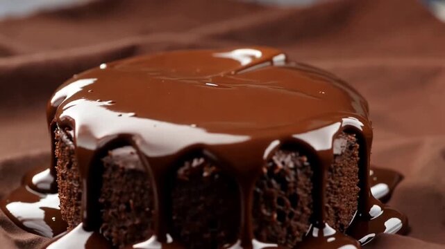 Chocolate cake being drizzled with chocolate sauce on brown cloth in kitchen