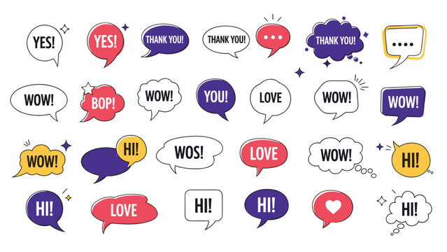 Comprehensive set of colorful speech bubbles containing common expressions like wow thank you love and hi for digital messaging.