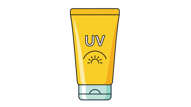 Bright yellow tube of UV protection sunscreen cream with a sun icon designed for skin safety during outdoor summer activities.