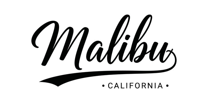 Malibu, California is stylishly represented in a classic black and white design. USA city vector badge &ndash; flat style design emblem label sticker, transparent background