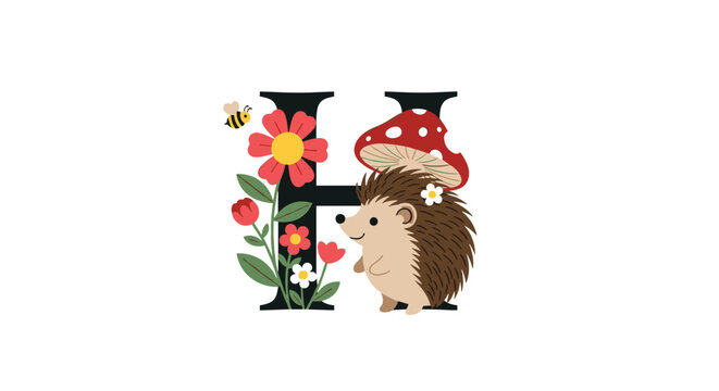 Letter H decorated with a cute hedgehog wearing a mushroom hat flowers and a small bee in a nature theme illustration.