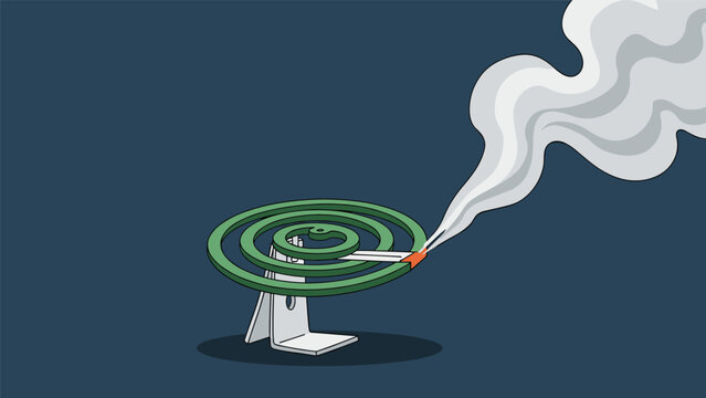 Green spiral mosquito coil burning on a metal stand with a long trail of grey smoke used for insect repellent in the summer.