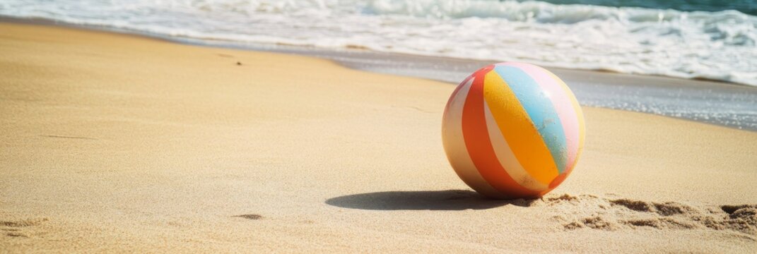 Summer vacation at the beach with a large striped beach ball on the sand by the water in a sunny setting for travel and leisure