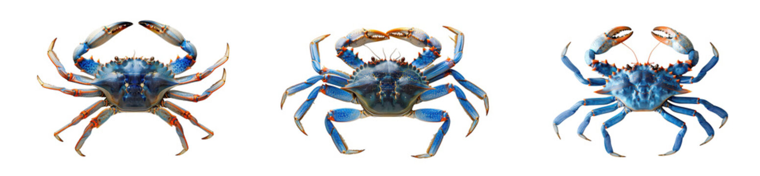 Three blue crabs isolated on transparent background