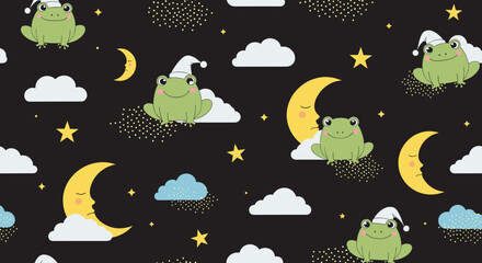 Naklejka premium Seamless pattern of cute green frogs wearing white nightcaps sitting on moons and clouds among stars on a dark night sky.