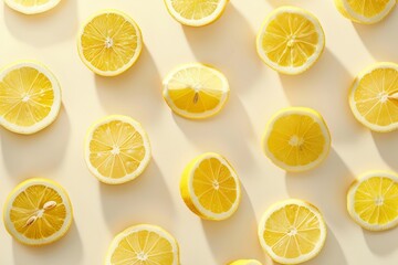 Fototapeta premium Artful arrangement of lemon slices on a soft cream background, casting subtle shadows that enhance the composition, perfect for visual storytelling in food and lifestyle photography.