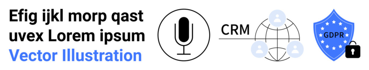 Data privacy, GDPR compliance, business communication, security solutions, CRM management, information technology. Features a shield, microphone and global network icons. Focus on data privacy © robu_s