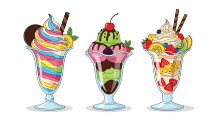 Obraz premium Three colorful ice cream parfaits in glass cups are decorated with fruits, berries, chocolate sticks, and wafers for a sweet treat.