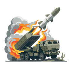 Naklejka premium vector flat missile launcher vehicle launching a missile 2