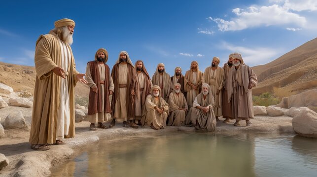 Moses at the oasis of Marah as weary Israelites gather around newly drinkable water in the barren desert.