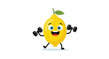 Fototapeta premium Energetic cartoon lemon character with a cheerful face lifts two grey dumbbells while standing on a plain white background.
